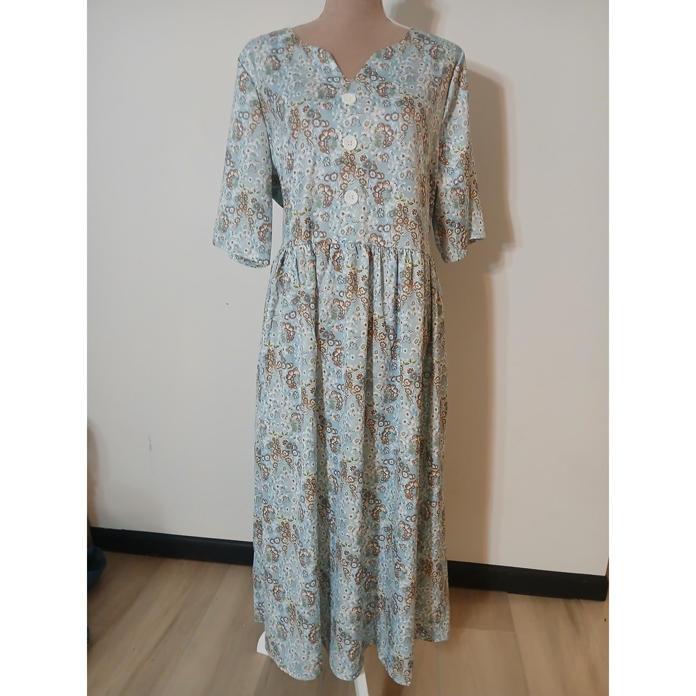 ShallWe Blue Floral Maxi Dress XXL Short Sleeve V-Neck Button Detail Pockets New